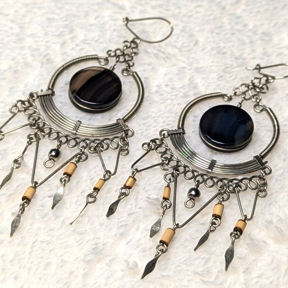 Vintage Artisan Made Sterling Silver Dream Catcher Pierced Earrings - Picture 4 of 8